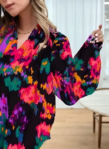 Miniatura 3 de KAYWIDE Blusas holgadas con cuello en V y manga larga para mujer, estilo bohemio, con estampado abstracto y a la moda