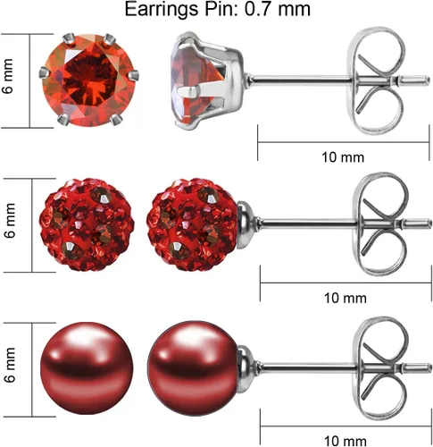 Miniatura 26 de JewelrieShop - Juego de aretes de tuerca de acero inoxidable con circonitas cúbicas y perlas de imitación, 3 pares de 0.236 in