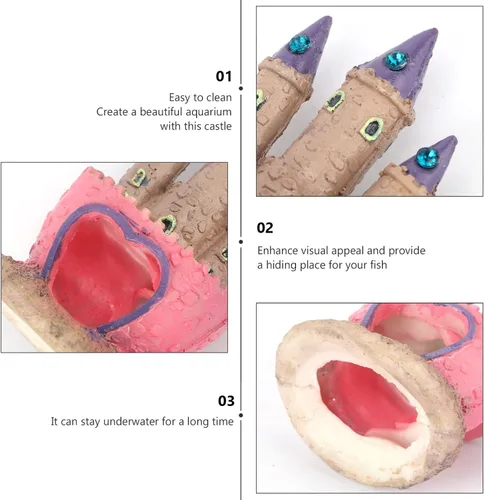 Miniatura 3 de Mipcase Decoración de acuario de castillo de dibujos animados con cueva de peces oculta, adorno para pecera pequeña para agua dulce y salada