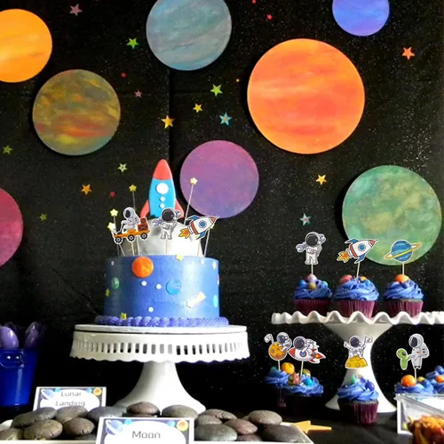 Miniatura 4 de Gyufise 36 piezas de astronauta espacial para cupcakes, planeta, cohete, telescopio, viaje a la luna, para cupcakes para el espacio exterior, baby