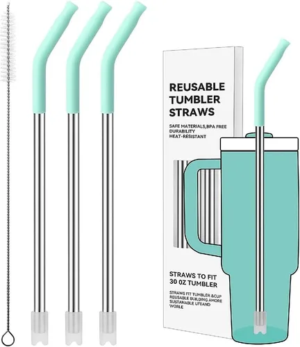 Miniatura 46 de Pajitas de metal rectas para vaso Stanley de 40 onzas, paquete de 3 popotes reutilizables de acero inoxidable con puntas de silicona y cepillo Gris