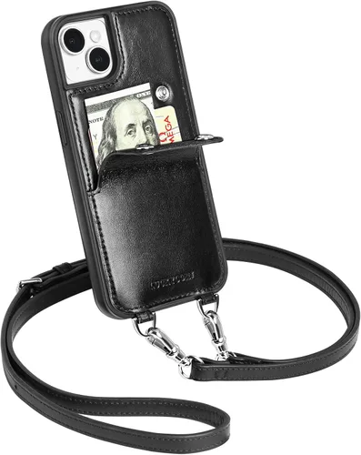 Miniatura 9 de LUCKYCOIN Funda tipo cartera cruzada para iPhone 14 Pro, funda de piel auténtica con protección contra caídas para mujer, con tarjetero expandible