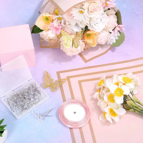 Miniatura 6 de ROADPLUM 20 hojas de papel de regalo de flores, kit de ramo de papel de regalo floral rosa con 100 alfileres de ramo de diamantes, 60 mariposas