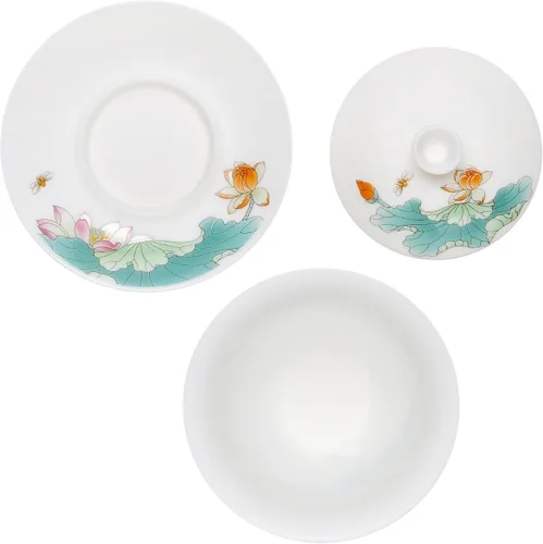 Miniatura 4 de Juego de porcelana blanca de jade hielo Gaiwan, delgado/sin esmaltar/translúcido/calcomanía China Gongfu Tea Cup Set -QinLian