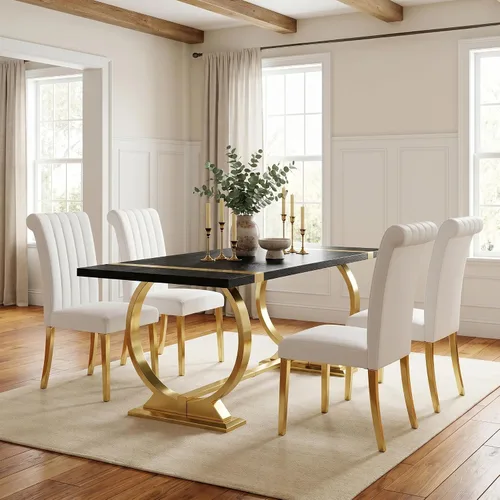 Asday Juego de mesa de comedor de 77 pulgadas con 4 sillas de poliuretano, mesa de comedor negra grande de lujo con base dorada en forma de U,