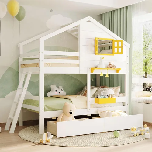 Miniatura 24 de JIVOIT Litera de madera con diseño de techo y ventanas, litera individual sobre individual con nido y escalera integrada para niños, adolescentes