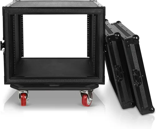 Sound Town Black Series Shock Mount 8U ATA Estuche de Rack de Madera Contrachapada con Profundidad Rackable de 21", Herrajes Anodizados y Ruedas