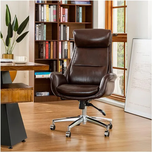 Miniatura 13 de Glitzhome Mid-Century Modern Air Leatherette Silla de oficina giratoria ajustable con respaldo alto, color negro