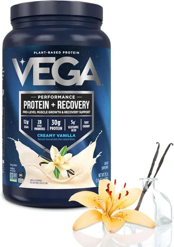 Vega Sport proteína en polvo vegana + recuperación - 30g de proteína a base de plantas por porción, vainilla, 20 porciones, 5g de BCAA, probióticos,