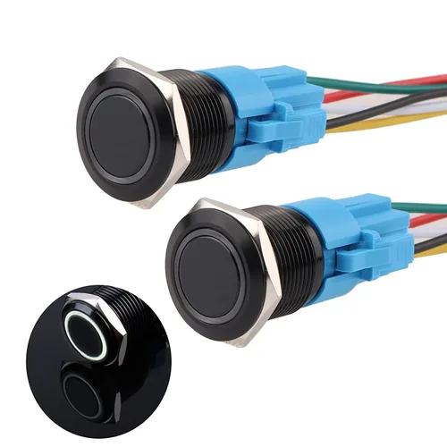 Miniatura 18 de Interruptor de botón con cierre de 0.630 in, anillo 3A, LED, 12V-24V, interruptor de botón de metal negro, carcasa de aluminio autobloqueante