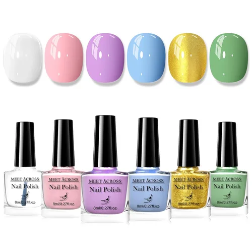 MEET ACROSS Esmalte de uñas color nude claro, sin gel, 6 colores, rosa claro, azul, morado, amarillo, verde, para todas las estaciones, juego de
