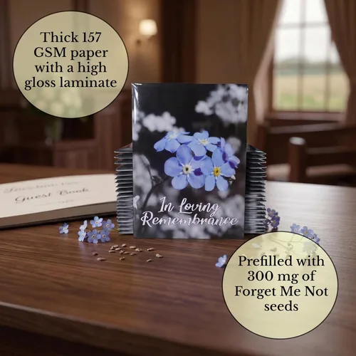 Miniatura 7 de 50 paquetes de semillas premium prellenadas de Forget Me Not de calidad superior para recuerdos de funerales, decoraciones para funerales