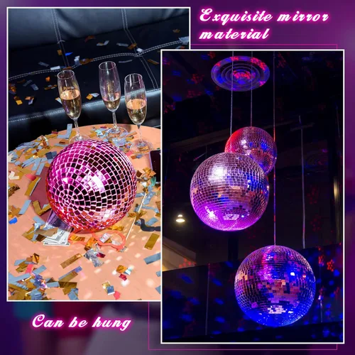 Miniatura 4 de WILLBOND 12 paquetes de bola de espejo de discoteca con anillo colgante para divertidas decoraciones de fiesta retro de discoteca, efecto de Rosa