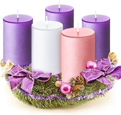 Cindeer Juego de 5 velas de Adviento de 5 x 8 cm para coronas de Adviento, portavelas, votivas, color morado y rosa, velas de columna perfumadas de