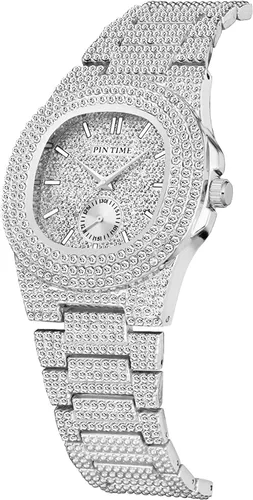 Miniatura 23 de Gosasa Reloj de pulsera unisex de cristal para hombre y mujer, reloj cubano con brillo completo, oblongo de plata/oro, reloj de pulsera de acero