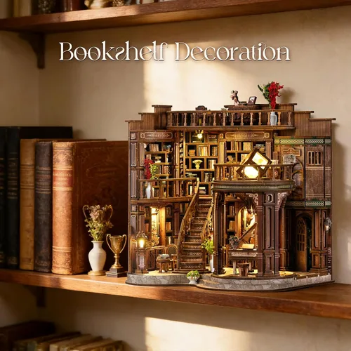 Miniatura 3 de Kit de rincón de libros, rompecabezas de madera 3D en miniatura, sujetalibros con luz LED, decoración de estantería de flor de cerezo para libros