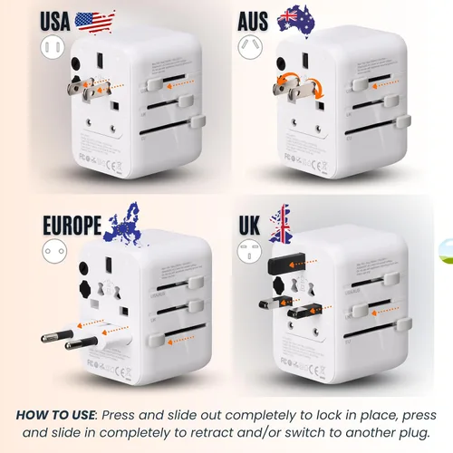 Miniatura 5 de Adaptador de viaje universal 6 en 1-10A Adaptador de corriente internacional con 3 puertos USB C, 2 puertos USB A Cargador portátil rápido
