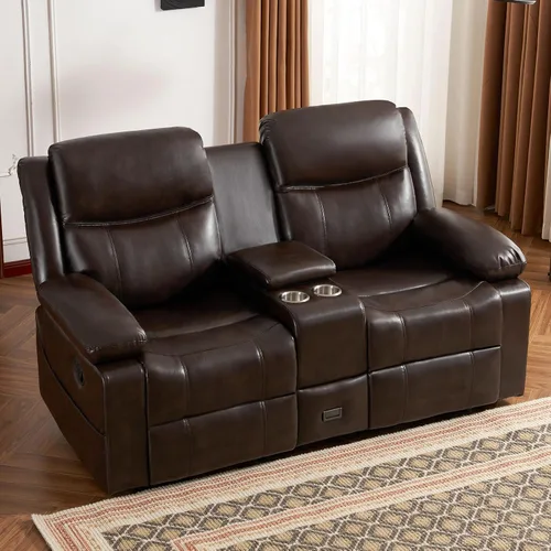 Miniatura 10 de Sofá biplaza reclinable manual con soporte ajustable de 360°, almacenamiento de consola central con carga tipo C y USB, reposacabezas ajustable