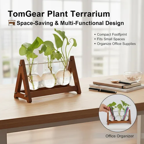 Miniatura 7 de Terrario para plantas con soporte de madera, jarrón de vidrio de 3 bombillas, soporte de metal, maceta hidropónica retro para decoración de hogar