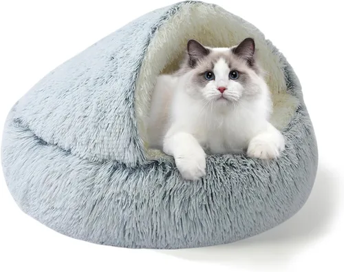 YUDANSI Camas Calmantes para Gatos de Interior - Nido de Cueva con Capucha de Felpa Esponjosa, Antideslizante, Camas para Mascotas Autorregulables,
