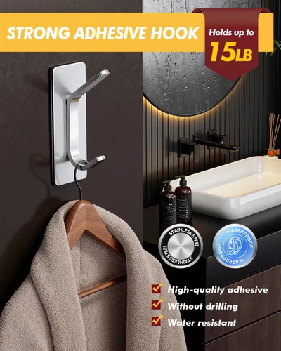 Miniatura 2 de Auxmir Ganchos autoadhesivos resistentes de 15 libras, paquete de 5 ganchos de pared de acero inoxidable para abrigos, toallas, batas, impermeables