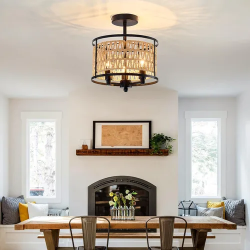 Miniatura 8 de Lámpara de techo de ratán de 3 luces, de 11 pulgadas, estilo bohemio, semiempotrada, lámpara de techo negra tejida a mano para casa de campo