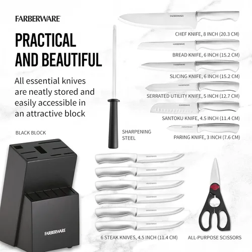 Miniatura 4 de Farberware - Juego de 15 cuchillos de cocina con cuchillas de acero inoxidable de alto carbono, mangos negros, cuchillos para bistec, bloque