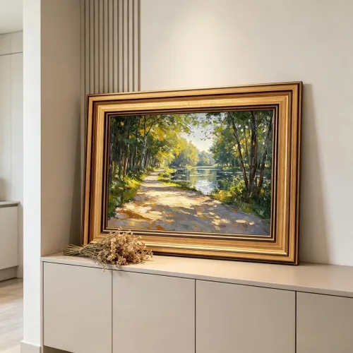 Miniatura 4 de Lienzo enmarcado en oro, bosque de sol, arte de pared, textura 3D, impresionista, paisaje, decoración, imagen, primavera, verano, naturaleza