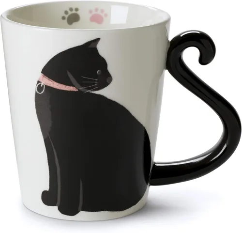 VOTUM Taza de cerámica negra con gato blanco para café o té - Taza con forma de animal con diseños impresos a mano - Bonito regalo hecho a mano para
