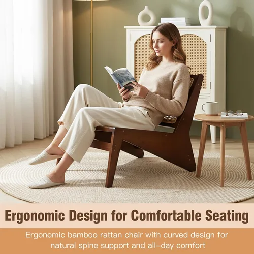Miniatura 6 de Welnow Silla decorativa de ratán de mediados de siglo, silla de salón de madera de bambú con respaldo de caña tejida, sillón bajo para sala