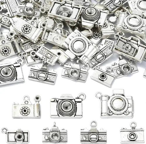 Miniatura 7 de KitBeads 70 piezas de 7 estilos tibetanos para cámara tibetana, dijes de viaje de plata antigua, dijes de fotografía vintage para collares, pulseras