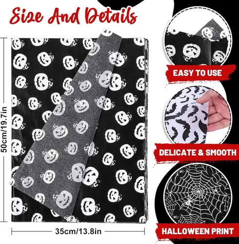 Miniatura 2 de Whaline Papel de seda de Halloween de calabaza en blanco y negro, 13.8 x 19.7 pulgadas, papel decorativo de regalo para Halloween, truco y trato