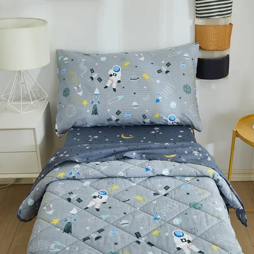 Miniatura 7 de Brandream Juego de ropa de cama de 4 piezas para niños y niñas con cohete espacial y galaxia, incluye edredón, sábana encimera, sábanas bajeras