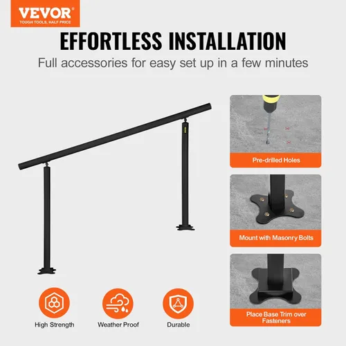 Miniatura 2 de VEVOR Kit de barandilla para escaleras al aire libre, pasamanos de 5 pies de 0 a 5 escalones, barandilla de aluminio negro de ángulo ajustable