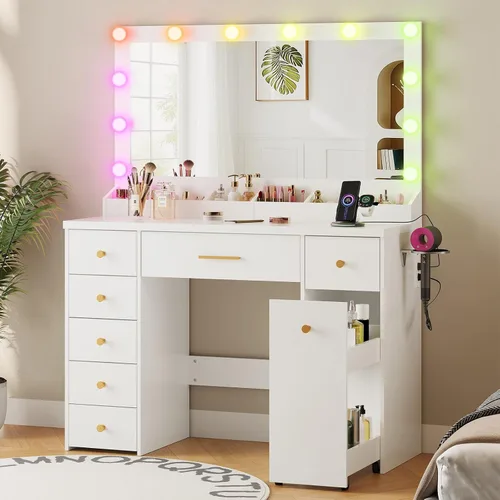 LAKEMID Escritorio de tocador blanco con espejo y luces, mesa de tocador de maquillaje con salida y 8 cajones, escritorio de maquillaje con luces