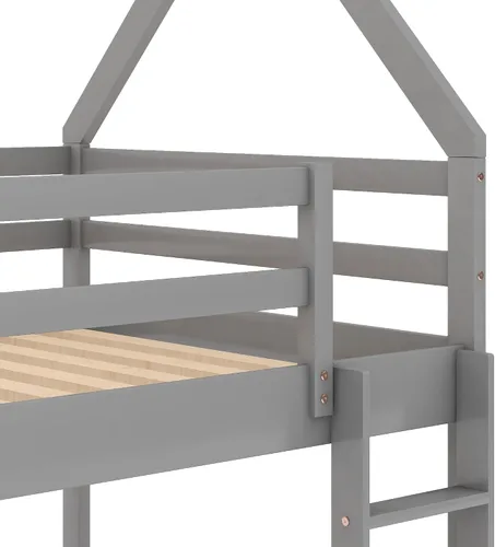 Miniatura 8 de Harper & Bright Designs Litera baja de tamaño individual sobre individual, marco de cama de madera para casa, escalera integrada, barandilla, techo