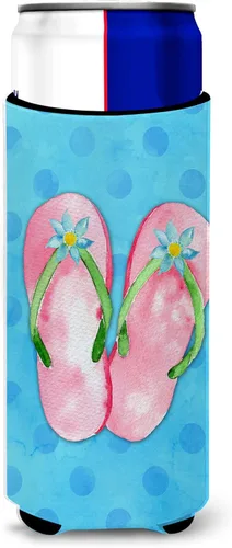 Caroline's Treasures BB8221MUK - Chanclas color rosa con lunares azules, ultra Hugger para latas delgadas, funda enfriadora de latas azules, lavable