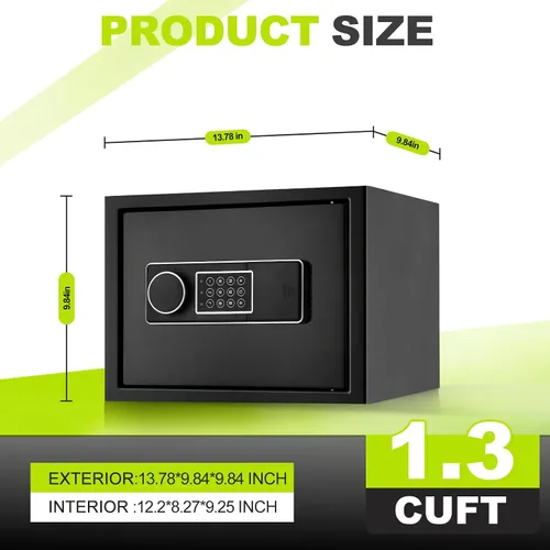 Miniatura 2 de Caja fuerte pequeña de 1.3 pies cúbicos para el hogar, caja de seguridad con bolsa ignífuga, teclado digital, llaves de repuesto y sistema