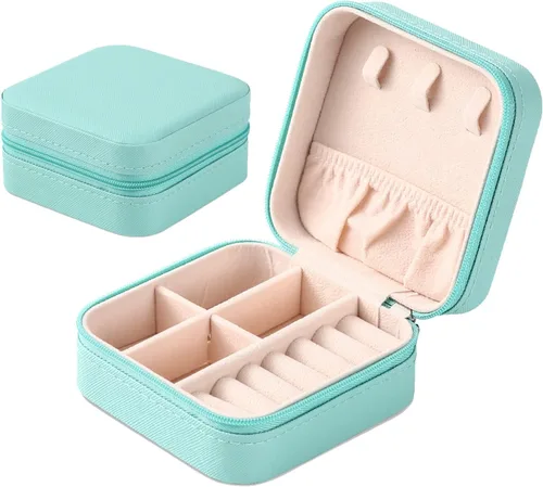 Mini caja de joyería portátil de viaje de cuero organizador de anillos de joyería caja de regalo para niñas y mujeres 2 piezas azul