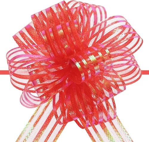 Miniatura 20 de MECCANIXITY 5 lazos metálicos de organza de 4 pulgadas para envolver regalos, color rosa claro para cestas de boda, regalos de Navidad, día de San