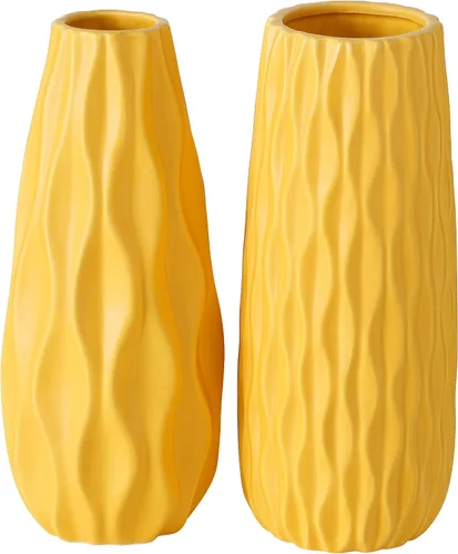 Juego de 2 jarrones con diseño de ondas icónicas Scandi, color amarillo llamativo, esmaltado suave, cerámica y decoración de mesa contemporánea, 9.5