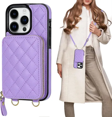 Miniatura 10 de Bocasal Funda tipo cartera cruzada para iPhone 14 Pro, bloqueo RFID, de piel sintética, con cremallera, funda tipo cartera con función atril y Gris