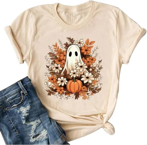 Miniatura 13 de Woffccrd - Camisetas divertidas con estampado de calabaza y leopardo para mujer, camisetas gráficas de manga corta de Halloween para mujer