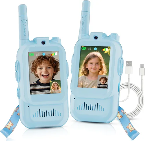 Walkie Talkie para niños con video: paquete de 2 juguetes recargables para niños pequeños con cámara HD y cambiador de voz, juguetes de regalo de