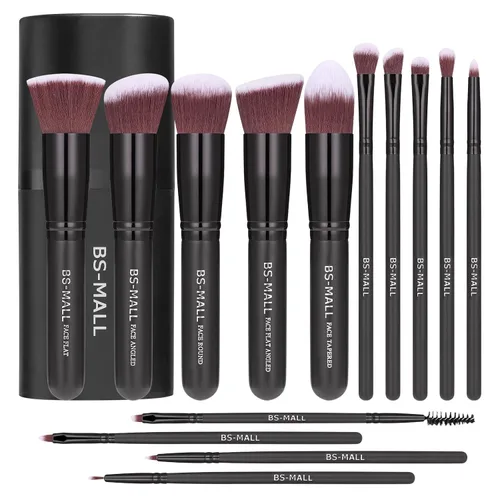 BS-MALL - Pinceles de maquillaje premium, 14 unidades, base sintética, polvos correctores, sombra de ojos de color plateado, negro, conjuntos de