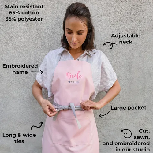 Miniatura 2 de Delantal para niños - Delantal de cocina personalizado bordado con nombre, ajustable, de algodón, con bolsillos, para cocinar rosado (01 Pink)