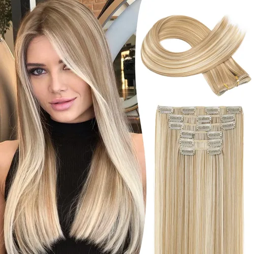 Miniatura 14 de LONAI 6 extensiones de cabello con clip, 24 pulgadas de largo, lacio, sintético, postizo para mujer, rubio ceniza natural