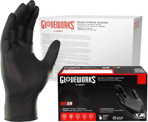 Miniatura 11 de GLOVEWORKS Guantes negros de nitrilo desechables de 5 mil, sin látex, agarre texturizado para servicio de alimentos, cocina, limpieza profesional