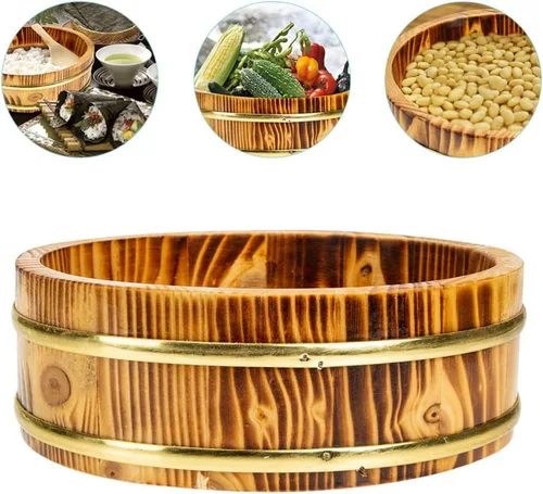 Miniatura 2 de Hemoton Cubo de mezcla de arroz de sushi de estilo japonés Bandeja redonda de sushi Barril de servicio de alimentos de gran capacidad Marrón claro