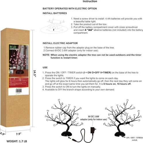 Miniatura 7 de Lámpara Lightshare con forma de bonsái de cerezo en flor con 36 luces LED, de 16 pulgadas, para decoración del hogar, a batería Blanco cálido